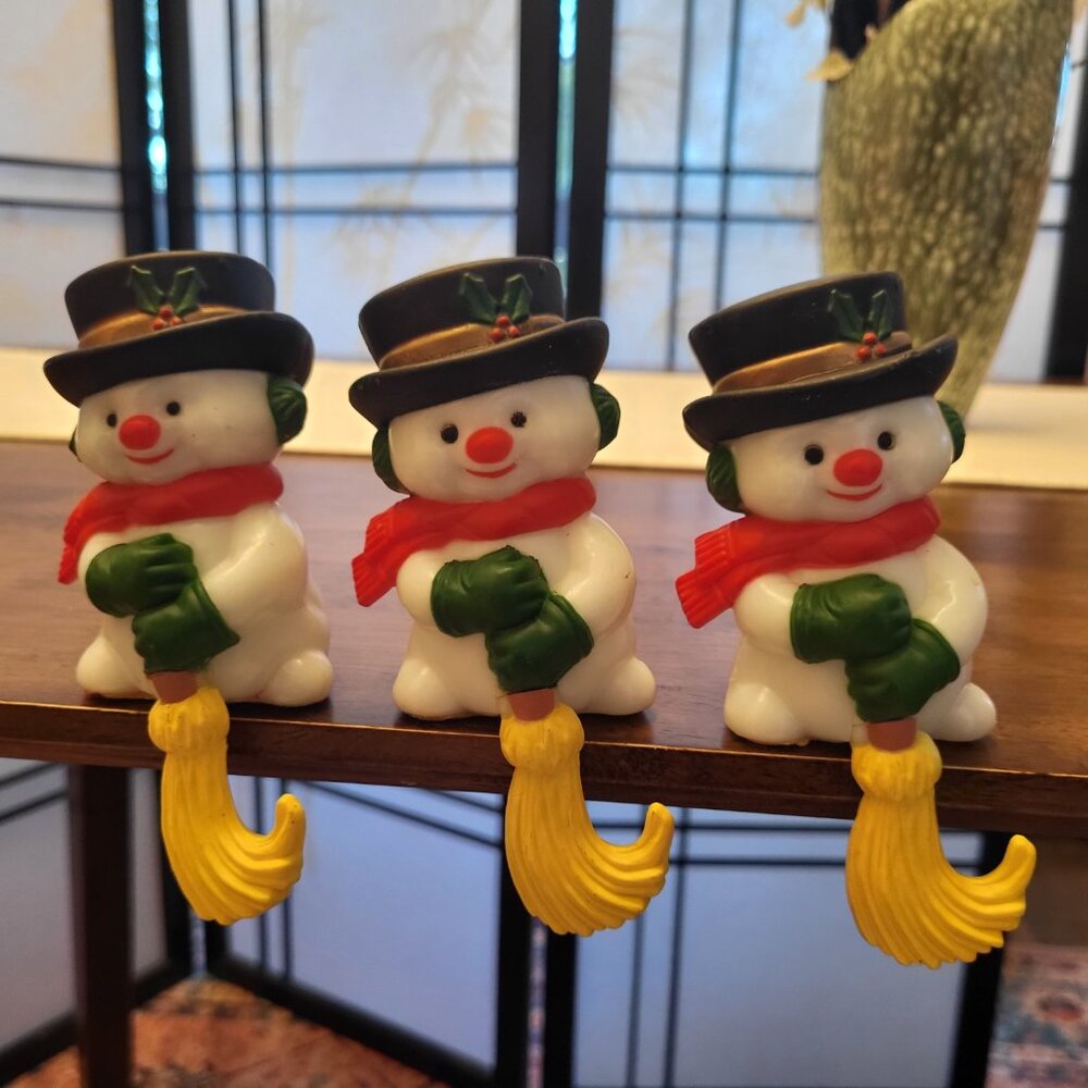 Set of 3 - 1960s Snowman w/ Corn Broom Stocking Holders Shelf Sitters